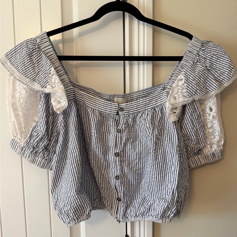 Anthropologie Maeve Cropped Striped Off-Shoulder Top with Lace Detail